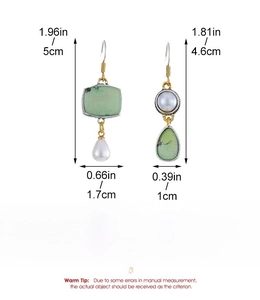 Detailed dimension guide for vintage asymmetrical geometric earrings with pearls and gems