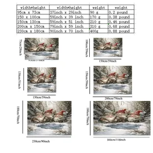 Size guide for Christmas forest gnome tapestry showing dimensions and weights in cm and inches