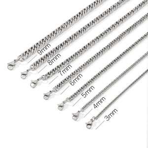 Comparison of silver punk style curb chains in widths from 3mm to 9mm on white background