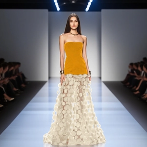 Two-piece tube top evening dress with ginger velvet bodice and white polka dot tulle skirt