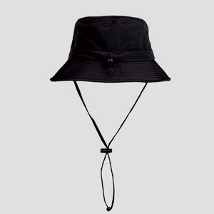 Detail of black nylon sun hat featuring adjustable windproof drawstring and buckle