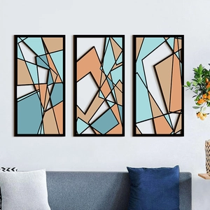 Three-piece modern geometric wood wall art set with blue and pink abstract shapes