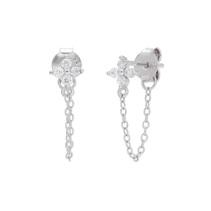 Detailed macro view of S925 sterling silver flower stud earrings with dangling chains