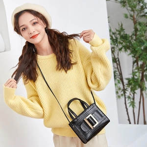 Ladies black crocodile pattern handbag with gold square buckle and PU leather shoulder strap