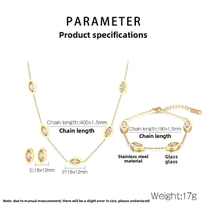 Detailed dimensions of 18K gold plated stainless steel jewelry set with teardrop gems