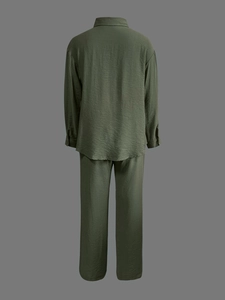Rear view of olive green two-piece set featuring crinkle texture shirt and long pants