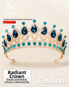 Close-up of luxury bridal crown with royal blue teardrop crystals and gold metalwork