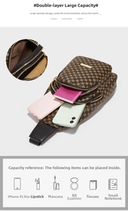 Detail view of large capacity brown crossbody bag with retro geometric patterns
