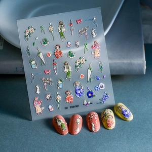 5D embossed Japanese nail stickers with kimono girls, cherry blossoms and fox masks