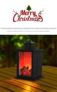 Macro view of vintage black LED fireplace lantern with snowflake patterns and warm flame light