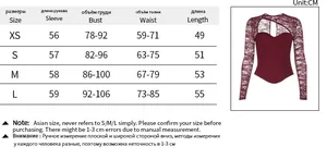 Size chart for the lace tight long sleeve corset top in centimeters for sizes XS to L
