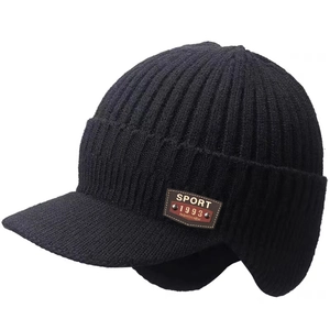 Men Winter Knit Beanie Hat With Visor Ear Flaps Thickened Warm Windproof Outdoor Acrylic Sporty Cap Neck Warmer