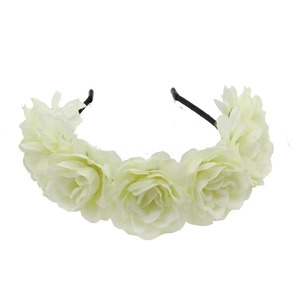 Elegant floral headband with five white silk roses for weddings and photoshoot accessories