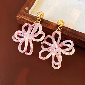 Flower Bow Drop Earrings Resin Pink Marble Texture With Silver Earring Post Hammered Gold Alloy For Women Vintage Style