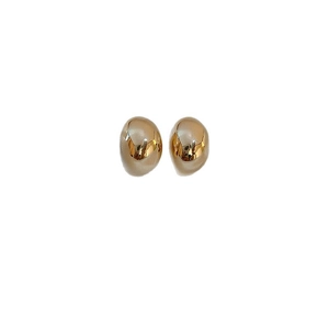 Minimalist golden pebble stud earrings with smooth reflective finish on white background