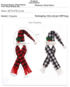 Size display of Christmas plaid wine bottle covers with scarf and hat decoration details