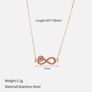Detailed view of infinity necklace with pink zircon setting and exact measurements