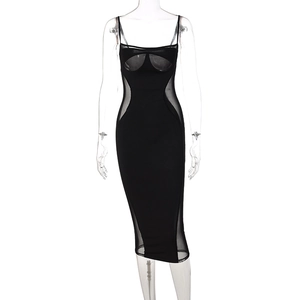 Front view of black bodycon dress with sheer mesh panels and supportive bustier design