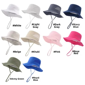 Grid view of kids sun hats in ten colors featuring mesh vents and chin straps