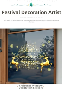 Detail of golden reindeer window decals with Merry Christmas and Happy New Year text