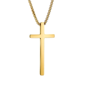 Detailed view of a polished gold cross pendant featuring a smooth finish and sturdy box chain