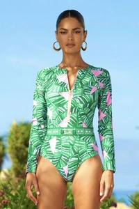 Close-up of long sleeve tropical print surfing swimsuit with zipper and waist belt