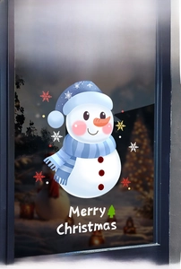 Détail de l'autocollant de fenêtre Joyeux Noël avec bonhomme de neige et flocons