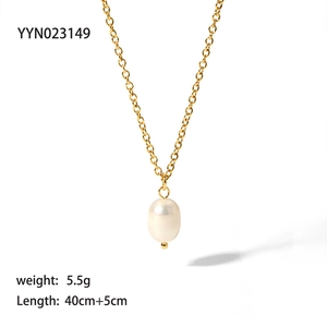 Detailed view of fresh water pearl pendant on 18K gold plated stainless steel chain