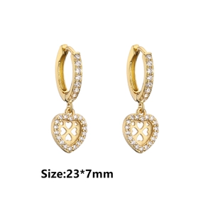 18K gold plated heart hoop earrings with micro-set cubic zirconia, size 23x7mm