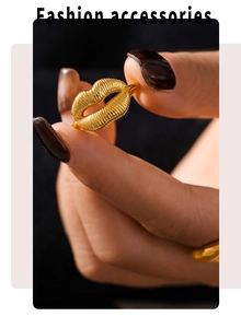Detailed view of fashion gold smile lip ring on model finger for jewelry showcase
