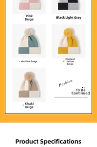 Detail view of multicolored checkerboard knit beanies with fluffy pom poms in five colors