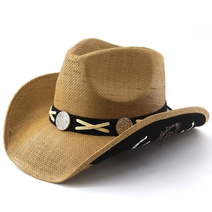 Classic American western straw cowboy hat with wide brim and ornate silver buckle band