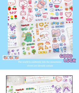 Close-up of cute cartoon waterproof stickers featuring bears and bunnies on blue background