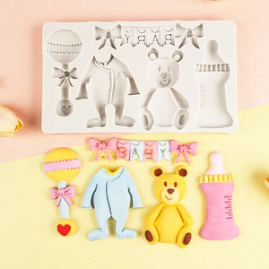 Molde De Silicona Tema Bebé Para Fondant Decoración De Pasteles Biberón Oso Mono Sonajero Pancarta Chocolate DIY
