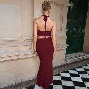 Back view of elegant burgundy knit two-piece set with backless halter top and slim skirt