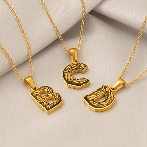 Gold plated stainless steel letter necklaces B C D with unique bark texture pattern