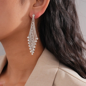 Macro shot of silver diamond-encrusted long tassel earrings with high-shine rhinestones