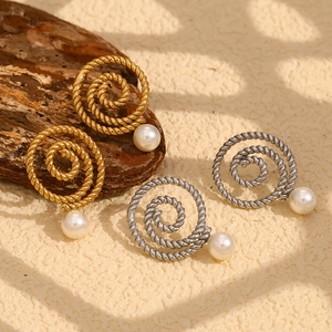 Spiral Twisted Rope Hoop Earrings 18K Gold Plated Stainless Steel Geometric Vintage Artificial Pearl Dangle For Women Elegant Fashion