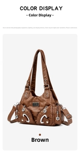 Detailed view of brown textured tote with silver flower pendants and metal brand logo