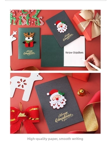 Detail showing felt applique Santa and reindeer on vintage pearl paper Christmas cards