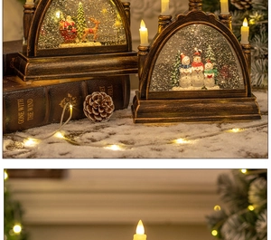 Close-up of a festive Christmas crystal LED water globe lantern with Santa and elk figurines