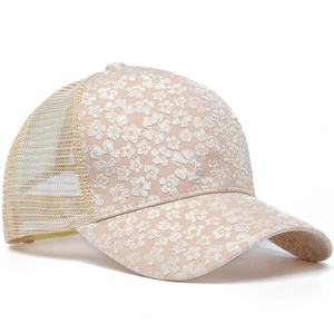 Women's summer mesh trucker hat with floral lace embroidery and breathable sun protection