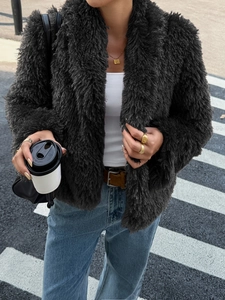 Women's casual black fluffy long sleeve faux fur jacket for autumn and winter streetwear