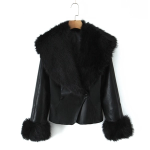 Women's chic black faux leather jacket featuring a plush faux fur collar and cuffs