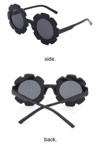 Detail view showing side and back of cute sunflower-shaped black sunglasses for kids
