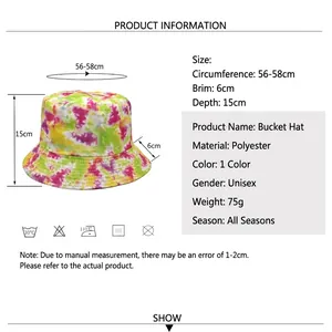 Tie-dye bucket hat with detailed size guide showing brim, depth, and circumference specs