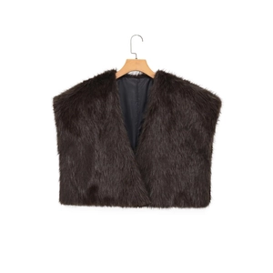 Detailed texture of dark brown faux mink fur vest shown on a wooden hanger
