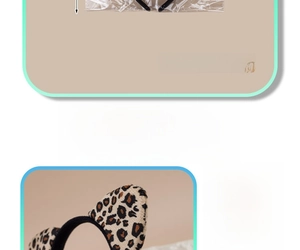 Detail of leopard print cat ear headband with soft plush fabric and padded 3D foam shape