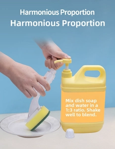 Detail showing detergent being poured into a long-handled dish brush reservoir