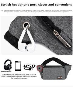 Detail of grey oxford waist bag featuring a silver metal earphone port and adjustable strap